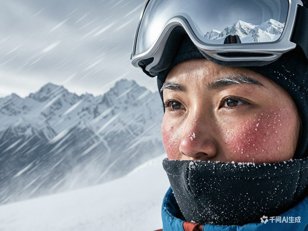 强风雪环境下登山者面部特写