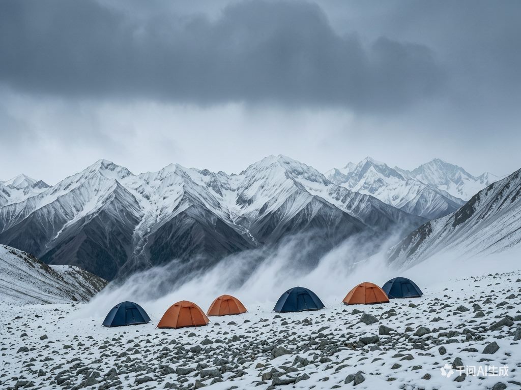 雪山营地与连绵雪峰的全景