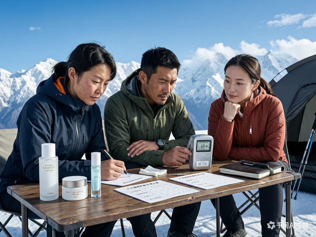 会员在雪山营地填写护肤品实测评分表