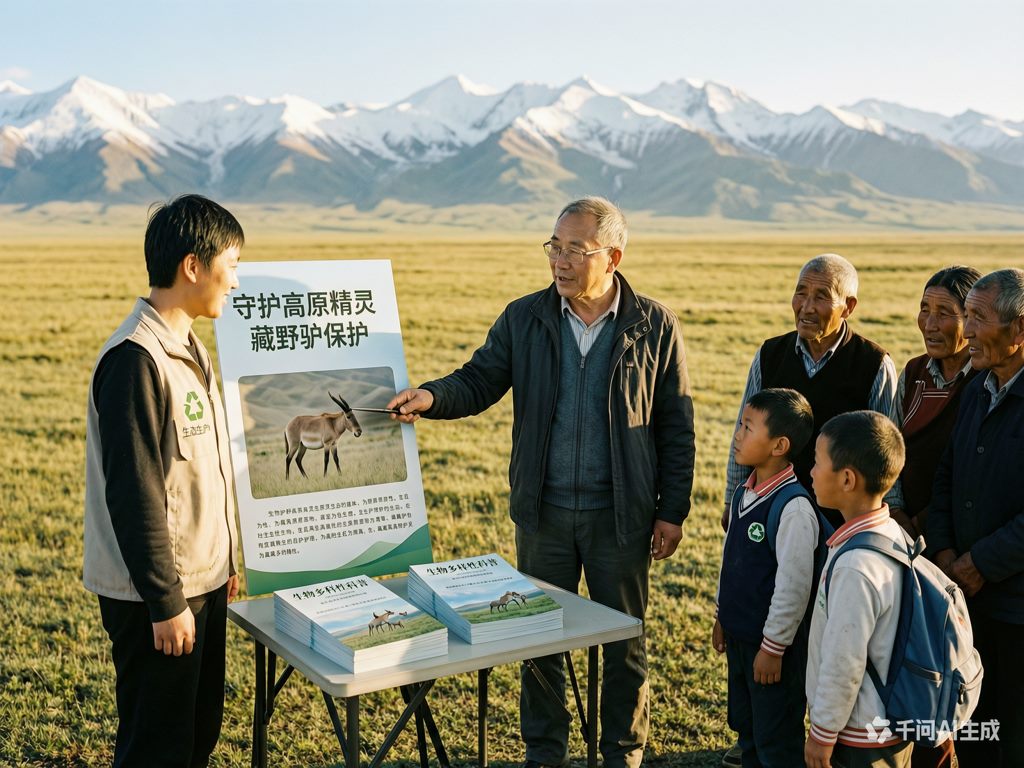 志愿者与生态专家向社区群众讲解藏野驴保护知识