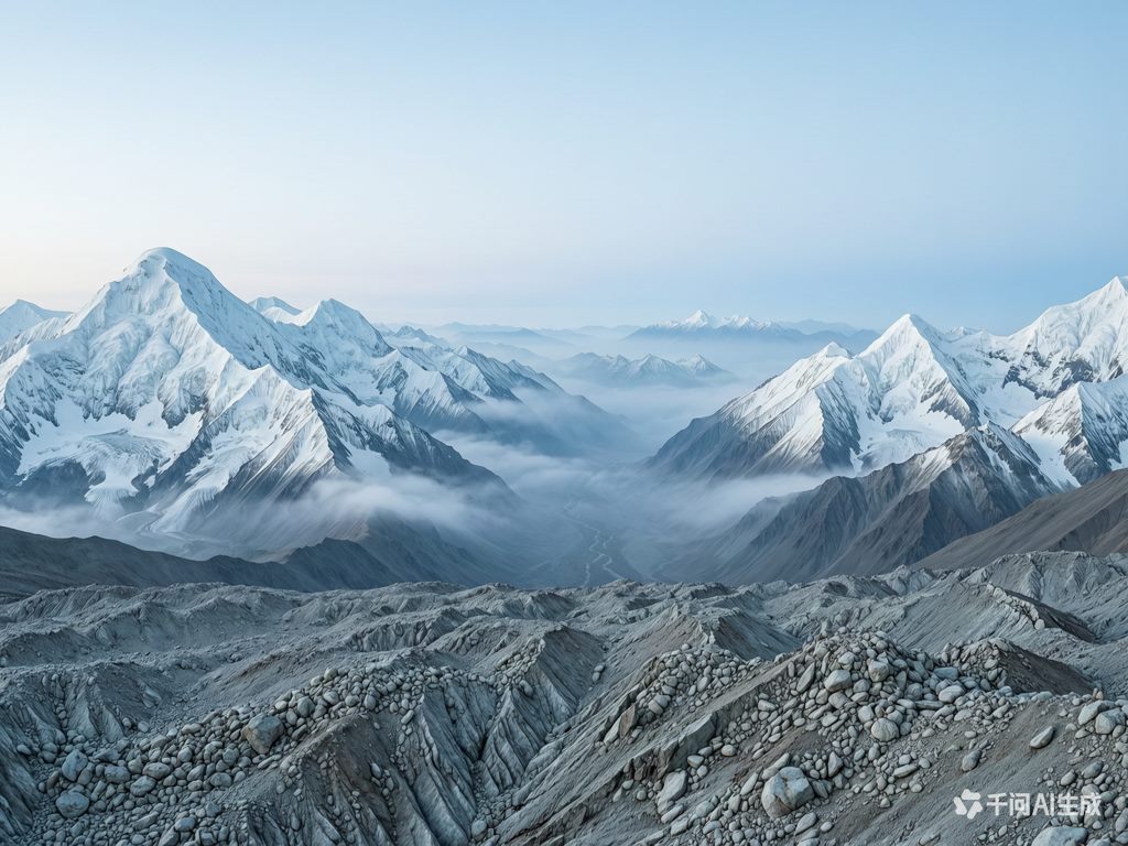 高原雪山与冰川流石滩的辽阔全景
