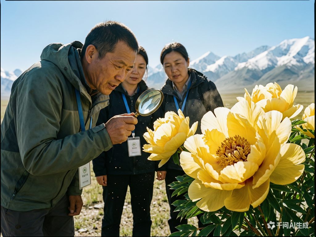 植物学者向会员讲解大花黄牡丹花朵结构