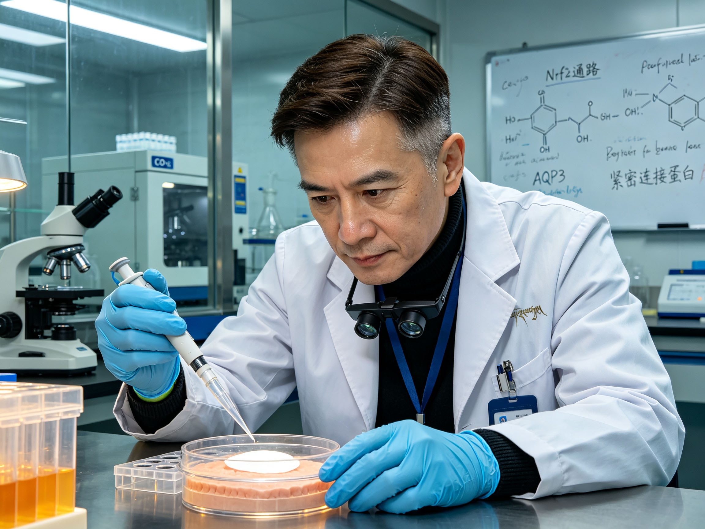 皮肤科学研究员在实验室查看样本